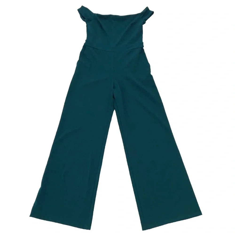 EXPRESS DEEP TEAL GREEN OFF THE SHOULDER WIDE LEG JUMPSUIT Size M MEDIUM PARTY - Picture 3 of 14